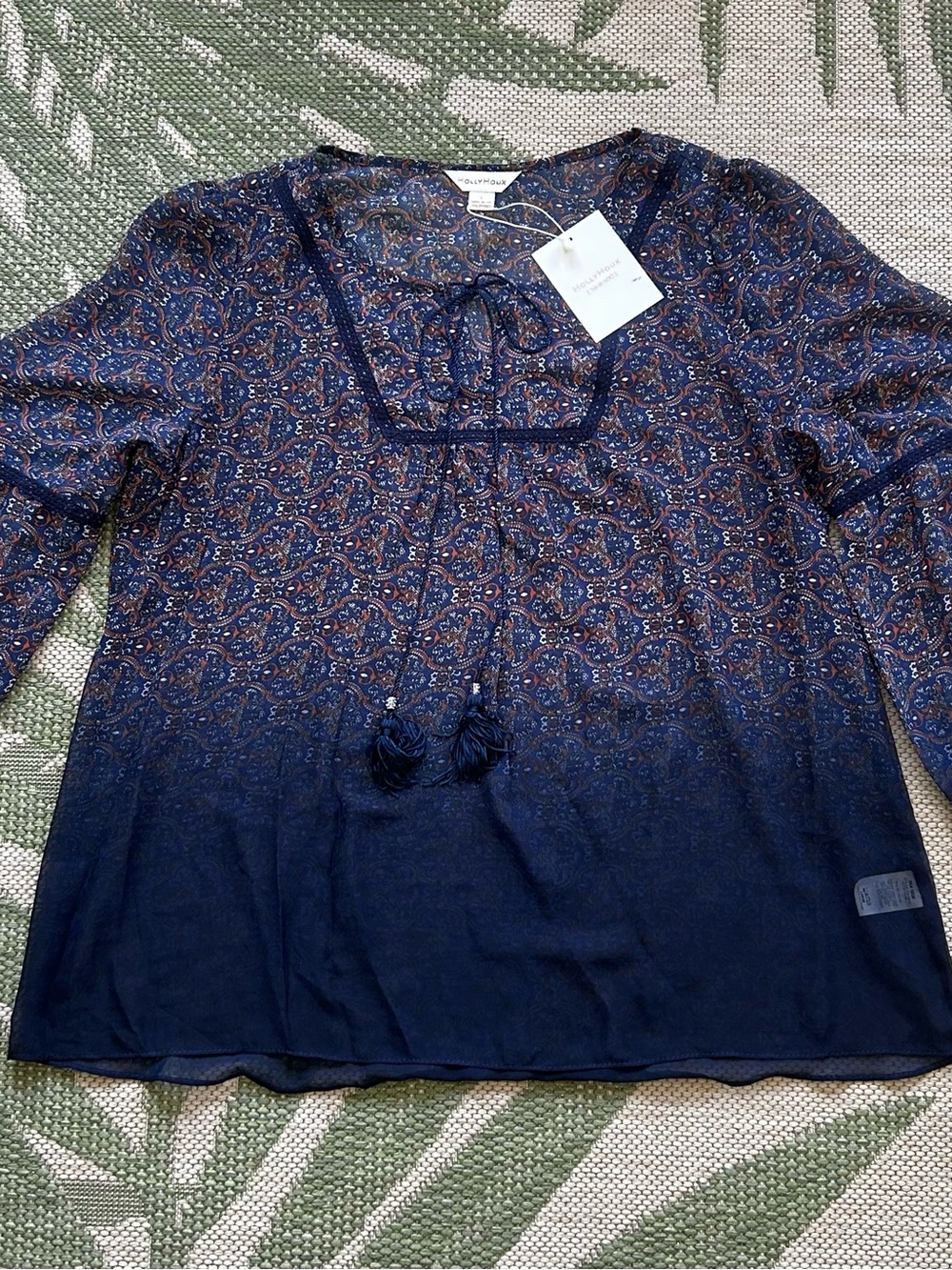 Navy Paisley Peasant Top with a Tassel Tie at the Neck. NWT   size L